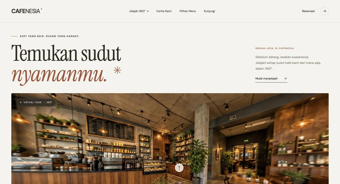 CAFENESIA website with a warm café interior and interactive 360-degree panorama.