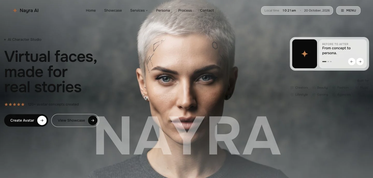 Nayra AI character studio website with a virtual portrait and its virtual faces, real stories introduction.