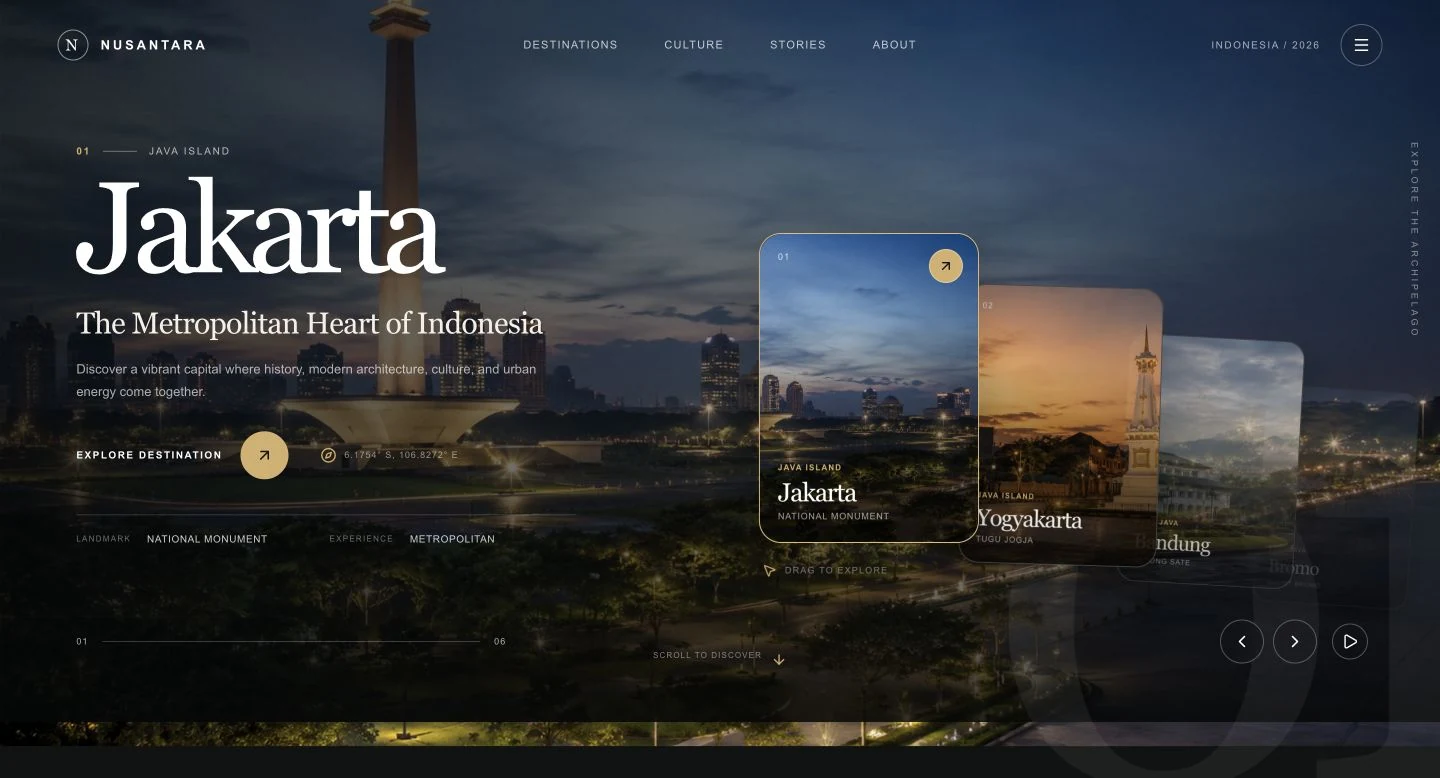 Nusantara website showing Jakarta and a carousel of Indonesian destinations.